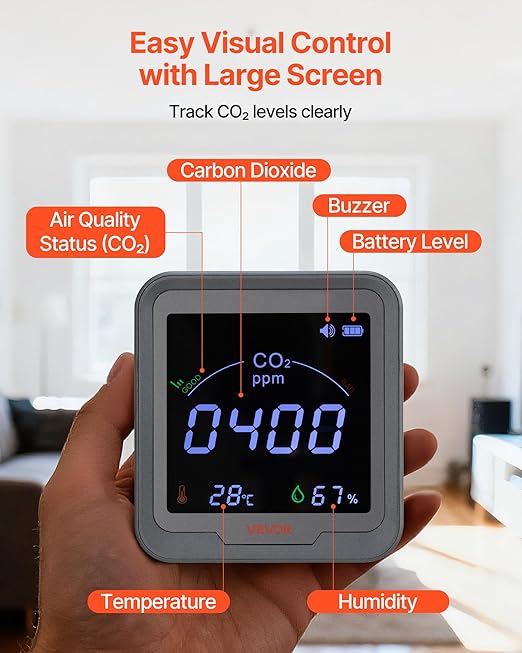 VEVOR Carbon Dioxide Monitor, CO2 Controller with Temperature and Humidity Display, NDIR Sensor, Carbon Dioxide Detector for Bedside, Home, Office, Car, Lightweight & Portable