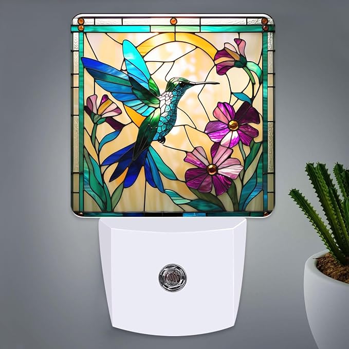 PODMemory Hummingbird Stained Glass Night Lights Plug into Wall for Room, Hummingbird Night Light LED for Bedroom