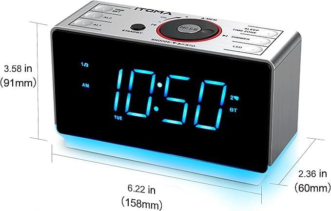 iTOMA Alarm Clock Radio with Bluetooth Speaker, FM Radio, Dual Alarm with Snooze, Large LED Display, Dimmer Control, USB Charging Output and Night Light CKS708