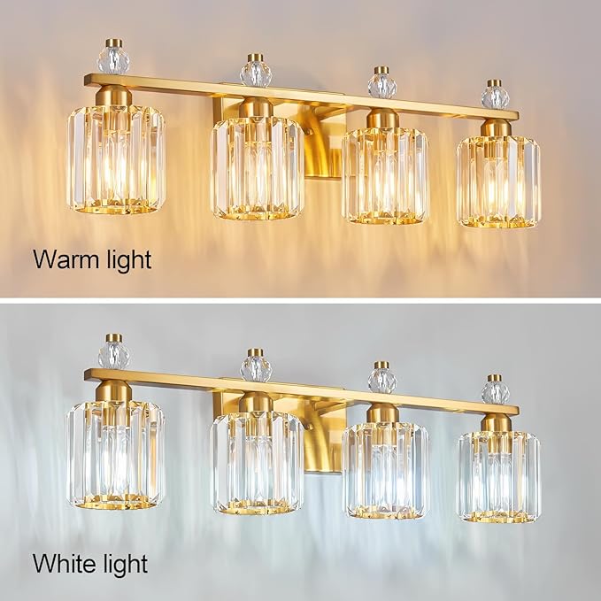 FDPBY Bathroom Vanity Lights 4-Light Gold Modern Crystal Vanity Light Fixtures Over Mirror Crystal Bathroom Vanity Lighting Fixtures