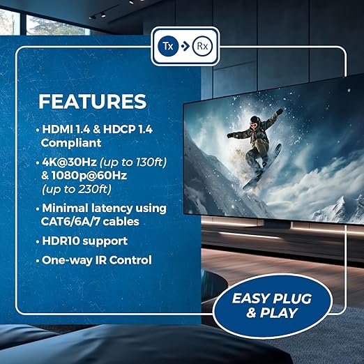 OREI HDMI Over Ethernet Extender Over Single CAT6/7 Ethernet Cable 4K@30Hz Up to 130 ft & 1080p Up to 230 ft (EX-230PRO)
