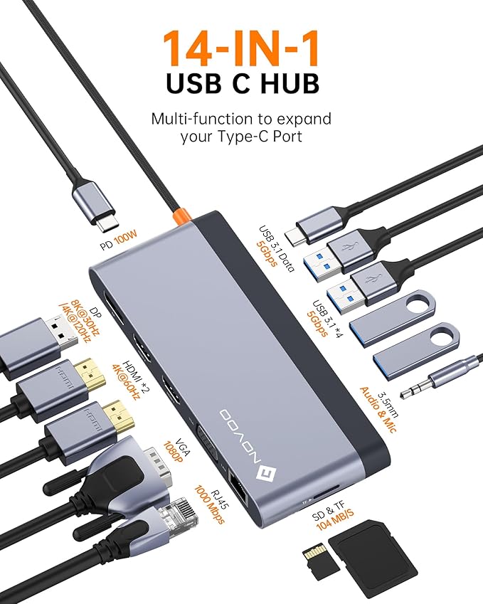 USB C Docking Station Quad Display, 14-in-1 Laptop Docking Station Dual Monitor, 8K@30Hz DP, Dual 4K@60Hz HDMI, VGA, 5 USB Data Ports, 100W PD, Ethernet, SD/TF, Mic/Audio, USB C HUB, Thunderbolt Dock