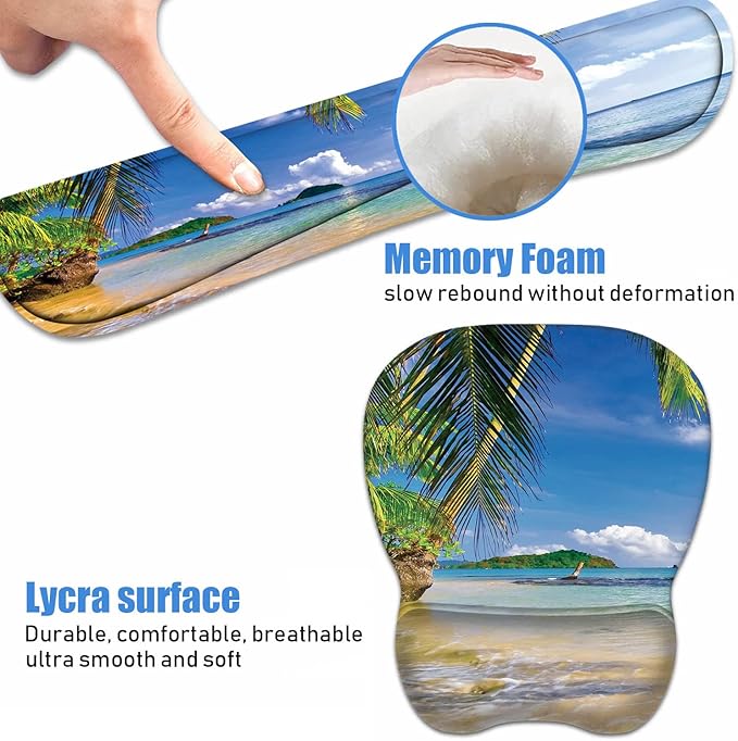 Ergonomic Mouse Pad Wrist Support and Keyboard Wrist Rest Set with Coasters, Non-Slip PU Base, Easy Typing & Pain Relief for Computer Laptop Home Office, Shore Palms Tropical Beach
