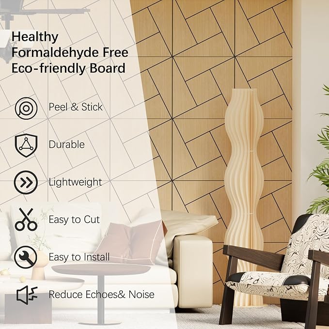 ARMURO 4 Packs Acoustic Wall Panels - Self-Adhesive 3D Wood Slat Wall Panel- Peel and Stick Sound Absorbing Panels for Noise Reducing - Feature Wall Decor for Home & Office