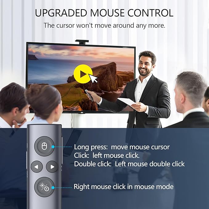 Norwii N95s BLE Presentation Clicker with Digital Pointer for PowerPoint Presentation on TV Screen and Projection Screen, Wireless Presenter Remote with Countdown Timer (Green Light-USB-AC)