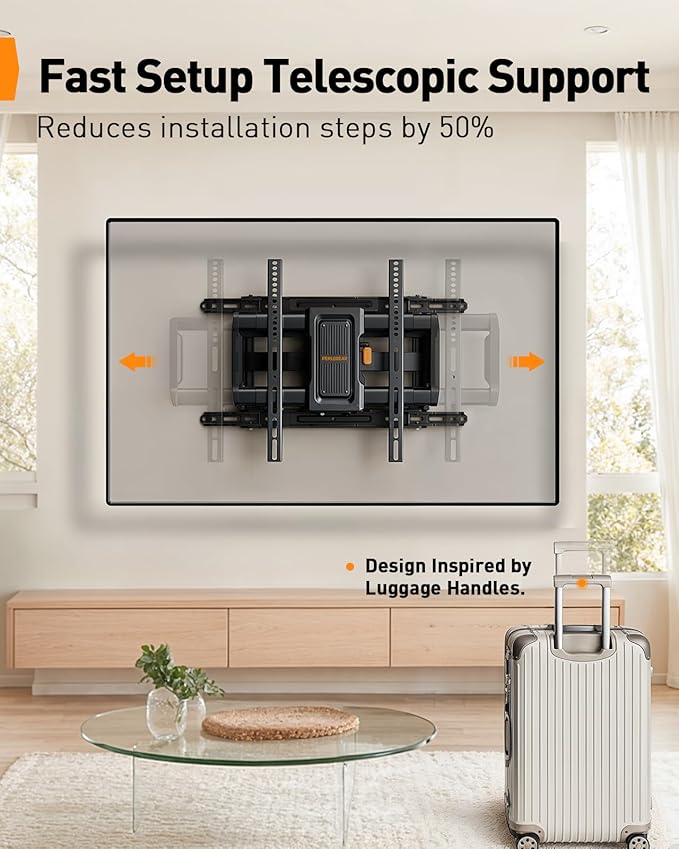 Perlegear Full Motion TV Wall Mount for 42–90 inch TVs up to 132 lbs, Preassembled and Telescopic Design for Easy Setup, Swivel, Tilt and Extension, Fits 16″/18″/24″ Wood Studs, Max VESA 600x400mm