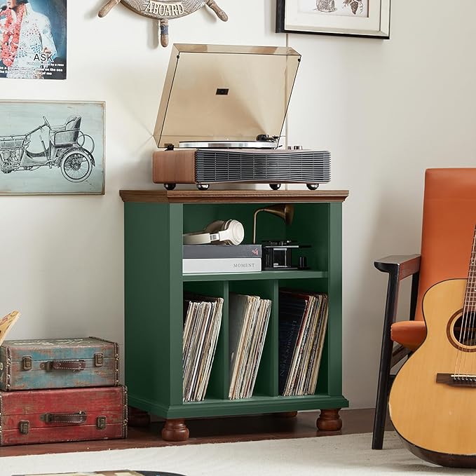 Joaxswe Record Player Stand with Vinyl Record Storage, 24" Wide Mid-Century Record Player Table Up to 200 Albums,Large Wood Turntable Stand Cabinet Dispaly Shelf for Living Room,Bedroom,Green
