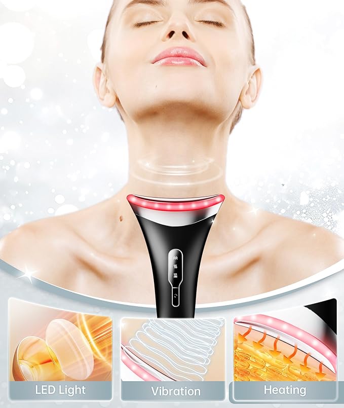Dopsikn 7 Color Light Therapy Facial Massager with Adjustable Vibration and Thermals for Wrinkles, Double Chin, Red Light Skin Care Tool with Base, Black