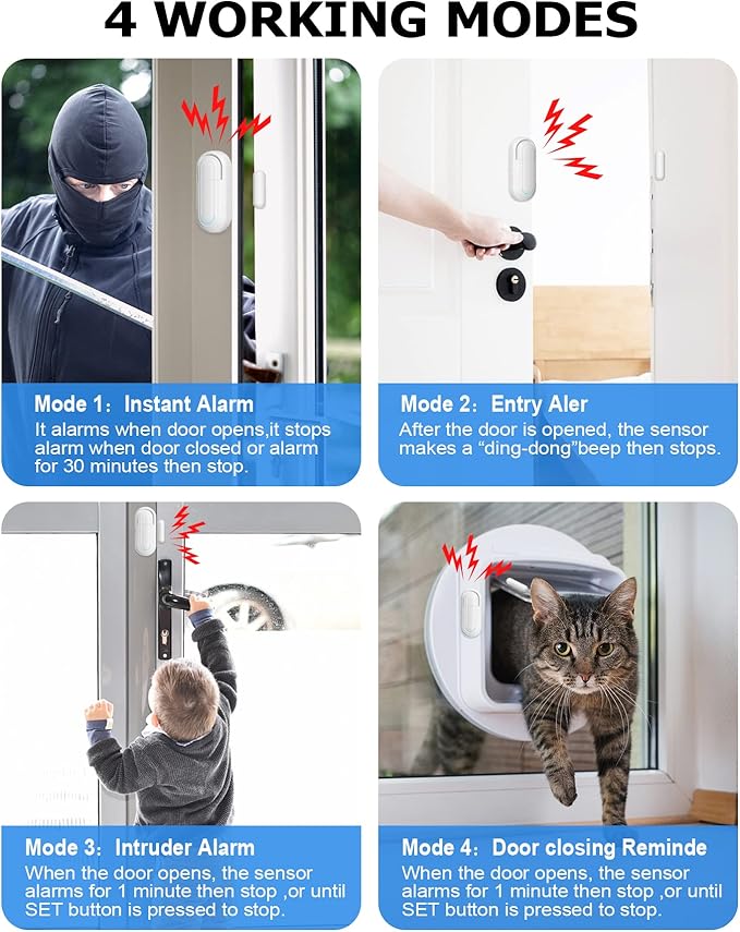 SanJie Window Alarm Sensors Door Alarms for Home Security Volume Ajustable 0-120 DB Pool Door Alarms for Kids Safety with 4 Modes Open Alarm/Close/Dingdong/Reminder Burglar Alert (5 Pack)