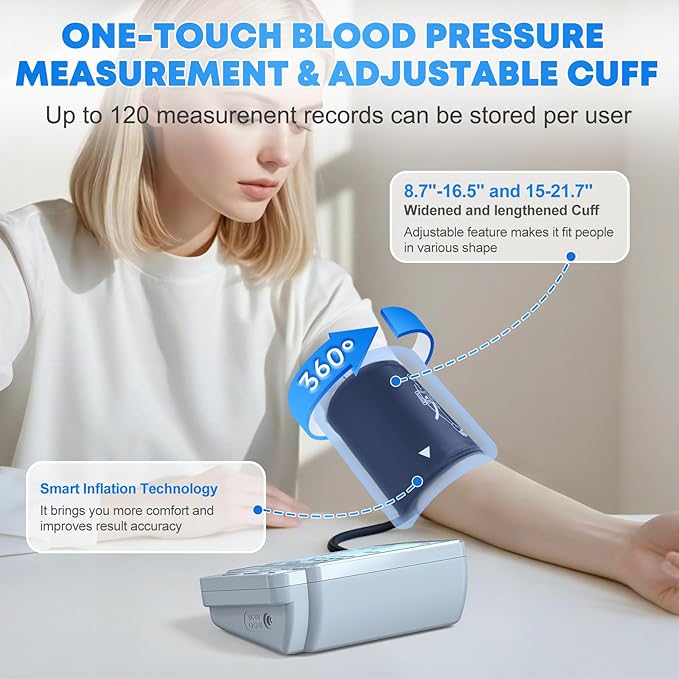 Double love Blood Pressure Monitors for Home Use with 2 Size Cuff (8.7-16.5'' & 15-21.7'' Extra Large Blood Pressure Cuff), 2x120 Memory, with USB Cable and 4 aa Batteries(Blue)