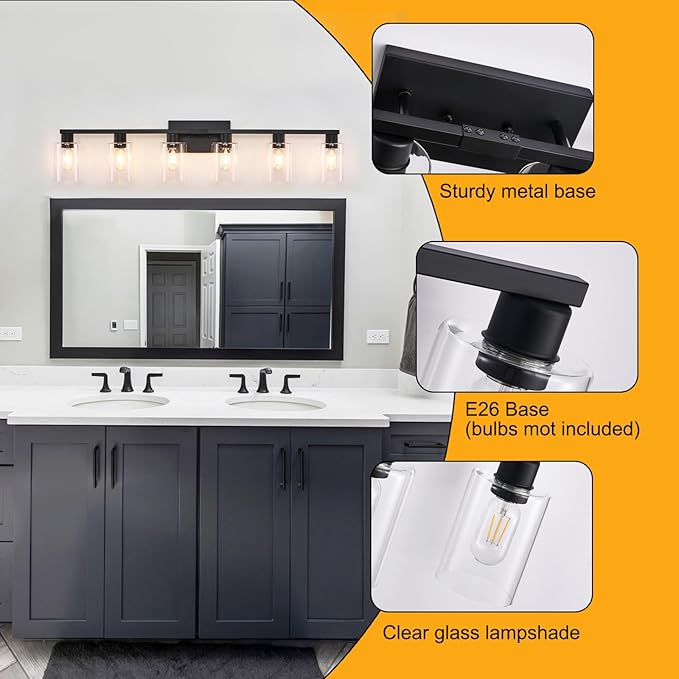 SOPEAS 6-Light Bathroom Vanity Light Black Vanity Lights for Bathroom Light Fixtures Matte Black 6 Light Fixtures with Clear Glass Shades for Bath Over Mirror