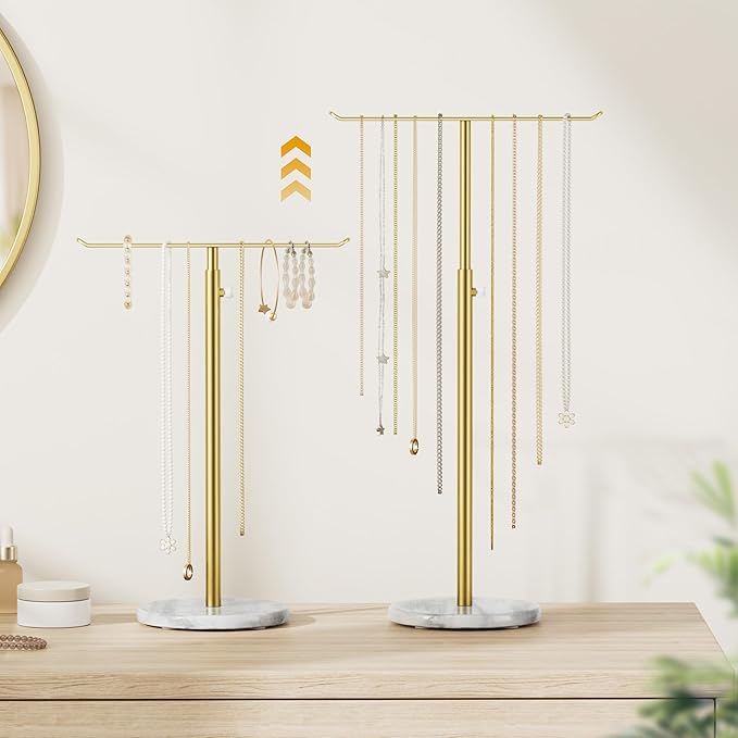 Josmimic Gold Necklace Holder Jewelry Organizer Stand – Adjustable Height T‑Bar Jewelry Display with White Marble Base, Necklace & Bracelet Holder, Countertop Jewelry Stand