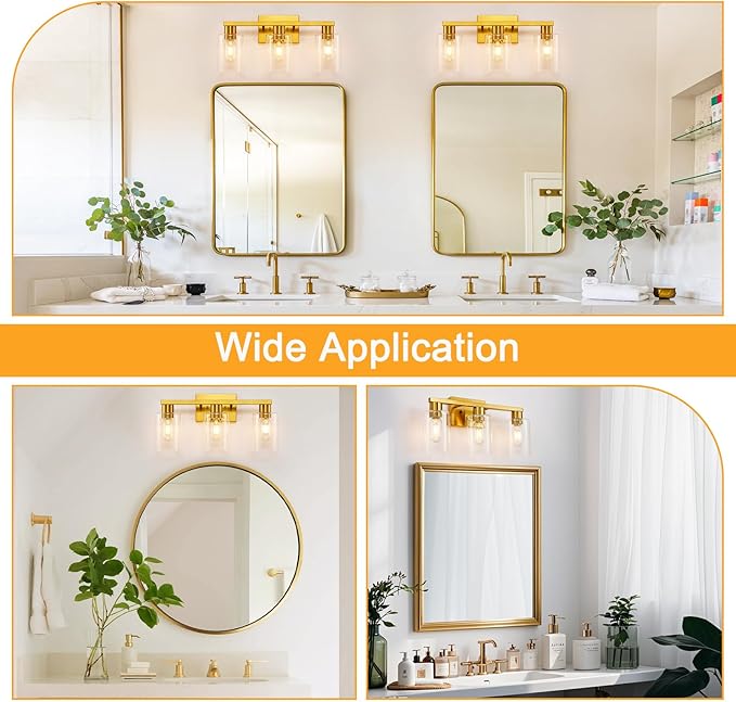 SOPEAS Gold 3-Light Bathroom Vanity Light, Modern Brushed Gold Vanity Lights with Clear Glass Shades, Bathroom Wall Sconce Lamp for Mirror Living Room Bedroom Hallway