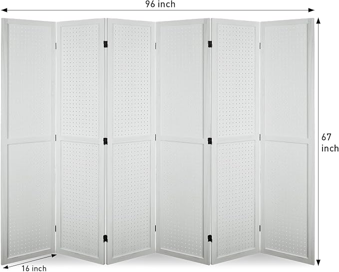 ECOMEX 6 Panel Room Divider, 5.6Ft Pegboard Display Wooden Room Divider Folding Privacy Screen Room Divider Freestanding Peg Board Display for Trade Show Craft Show Home Wall Organizer, Elegant White