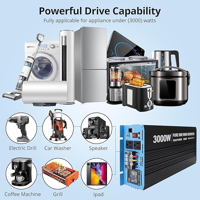 3000W Pure Sine Wave Inverter 1 USB Port 5v/2.4a,LCD Display&Remote Controller for Home, RV, Truck