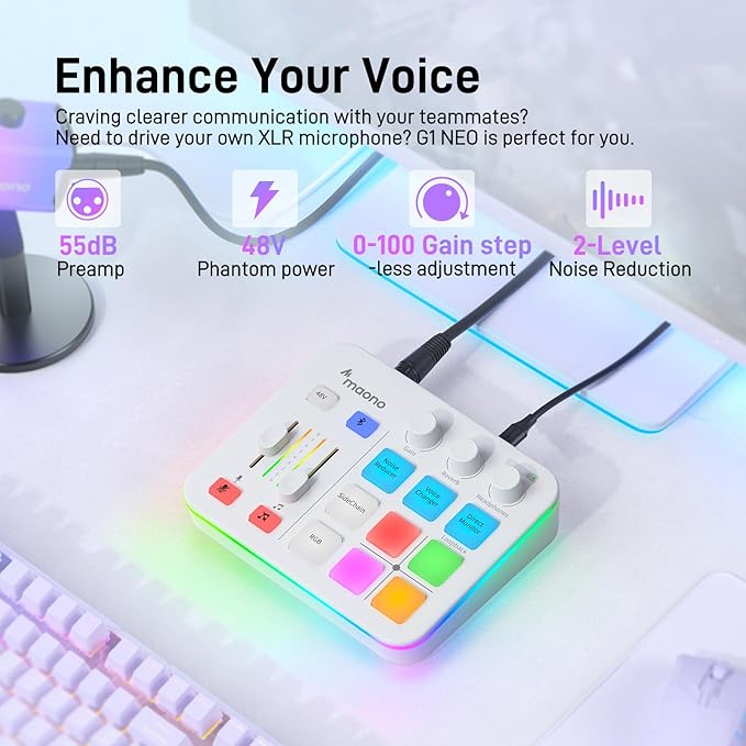 MAONO Gaming Audio Mixer, Audio Interface with Pro-preamp, RGB, Bluetooth, 48V Phantom Power for Live Streaming, Podcasting, Content Create, Gaming MaonoCaster G1 NEO (White)