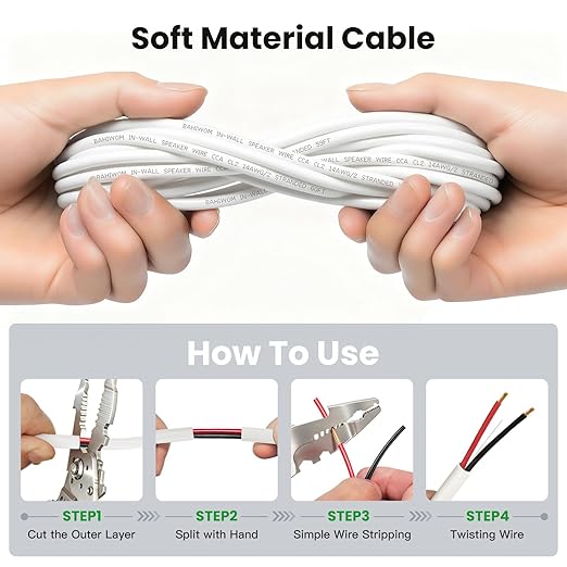 Fire Safety CL2 Speaker Wire in-Wall & in-Ceiling 14 Gauge Wire 30 FT CCA Cord 2 Conductors Red Black Speaker Cable for Indoor Home Theater System,Car Audio Soft White Jacket