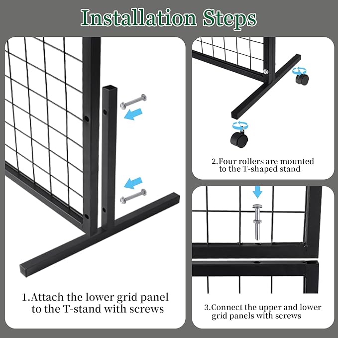 ktondic 3'×6' Double-Layer Grid Panels for Display, Movable Gridwall Panels Tower with T-Base Stand, Sturdy Wire Grid Wall Panels Metal Art Display Racks for Retail Displays Craft Shows
