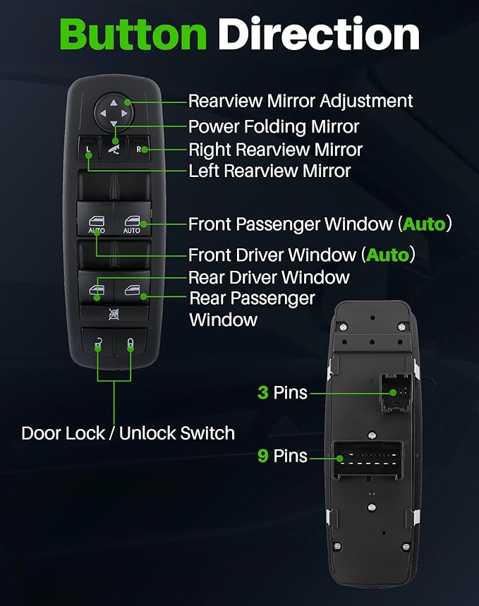 Dacall Window Switch Fits for Chrysler Town & Country (2012-2015), Dodge Grand Caravan (2012-2015), Ram 1500 2500 (2013-2015), Ram 3500 (2015) Front Driver Side, Replaces 68110867AA, 68110867AB
