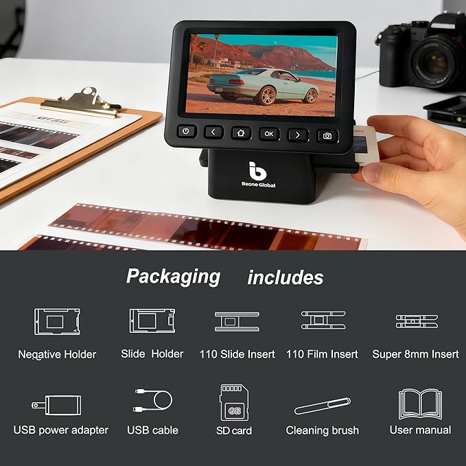 BEONEGLOBAL ClearScan P5 Film Scanner with SD Card, Upgraded Version, 24MP High-Resolution 35mm/135/126/110/Super 8 Film & Slide Converter with 5” LCD, Quick Digital JPEG Conversion