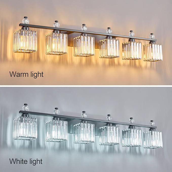 FDPBY Vanity Lights 6-Light Modern Crystal Vanity Light Sand Black Bathroom Light Fixtures Over Mirror Crystal Bathroom Vanity Lighting Fixtures