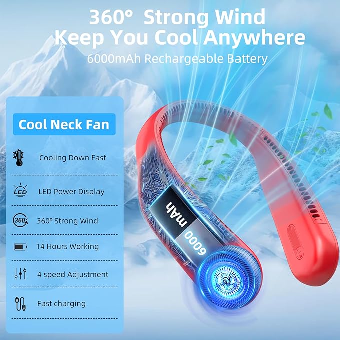 Portable Neck Fan,Hands Free Personal Wearable Bladeless Fan,6000mAh USB Rechargeable,360° Cooling,LED Display,4-Speeds,Birthday Gifts for Men Women Dad Mom,Valentines Day Gifts for Her Him (Red)