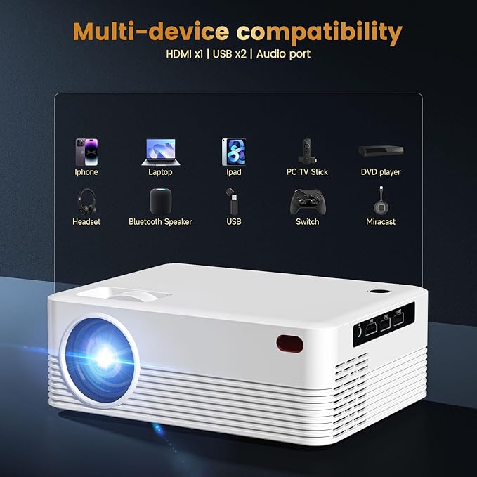 Mini Projector, H5 Portable Video Projector with WiFi & Bluetooth, Movie Projector Supports 8K with Android System, Auto Keystone Correction, 40"-200" Screen Video Projector, with HDMI Cable