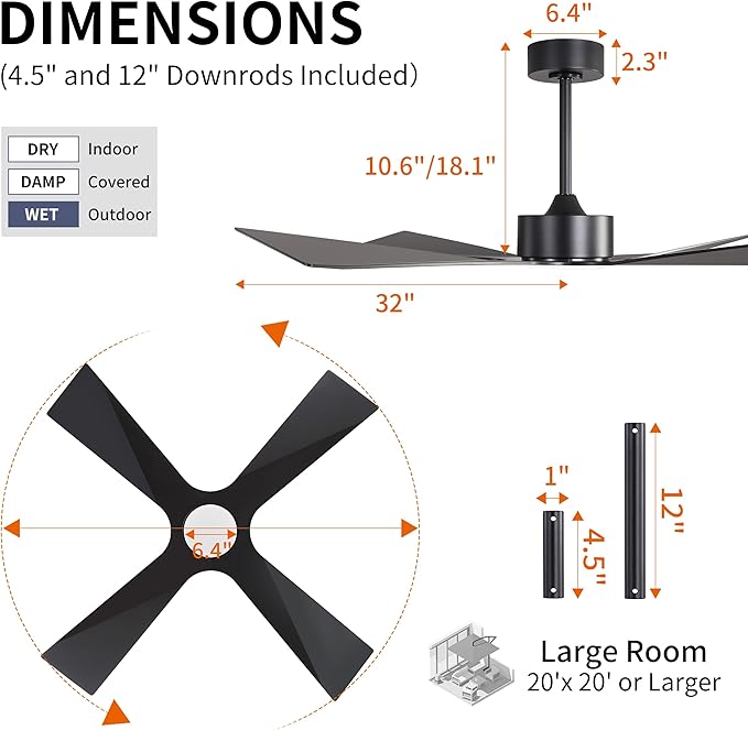WINGBO 64" Wet Rated Outdoor Ceiling Fan with Lights, 4 ABS Plastic Blades, Reversible DC Motor, 6-Speed Remote Control, 3 CCT, Waterproof Ceiling Fan for Patio Porch Gazebo Garage, Matte Black