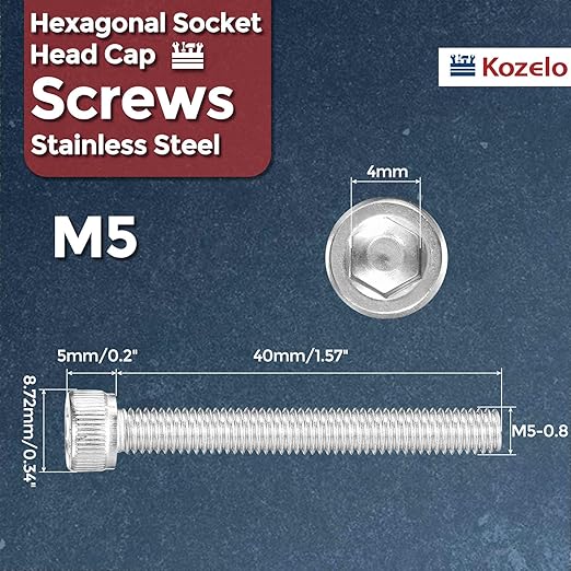 Kozelo 20pcs Socket Head Cap Screws - [M5-0.8 x 40mm] 304 Stainless Steel Allen Socket Drive for Electrical Motor 3D Printing Fan Engine Replacement Use, Silver