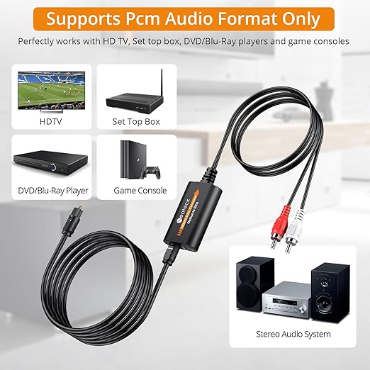 Neoteck 192kHz DAC Converter 5.9ft/1.8m Optical to RCA Cable SPDIF to RCA Digital to Analog Converter with Built-in Audio Amplifier Chipset for HDTVs Set-Top Boxes DVD/Blu-Ray Players-Male Output