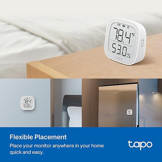 Tapo Smart Temperature and Humidity Monitor, 2.7" E-Ink Display, Swiss-Made Sensor, Real-Time Notification, Visual Graphics, Hub Required, White (T315)