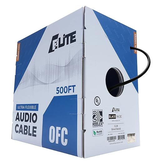 Elite 14/2 Speaker Wire, 14AWG/2-Conductor, UL Listed, CMR/CL3R, (Riser/in-Wall & Outdoor/In-Ground (Direct Burial)- 100% Oxygen Free Pure Bare Copper (OFC), 500ft Bulk Cable (105 Strands) Black