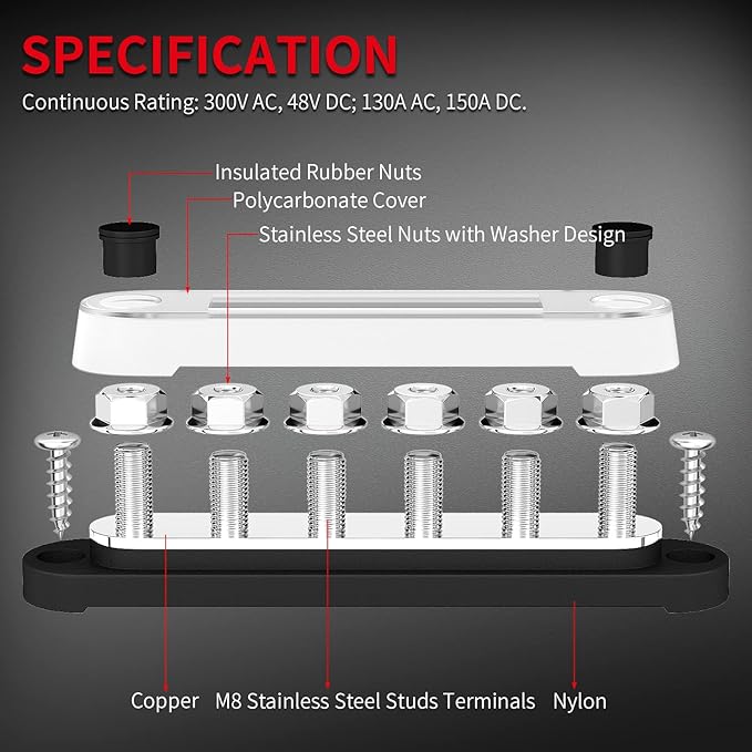 DAIERTEK 12V Bus Bar 6 x 5/16" (M8) Terminal Studs 12 Volt Power Distribution Block with Cover Battery Bus Bar 12V - 48V Positive & Negative for Automotive Car Boat Solar System