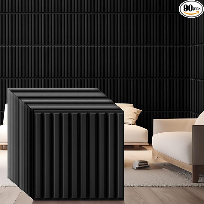 Nuanchu 90 Pcs 3D Slat Wall Panels 12 x 12 Inch PVC Fluted Textured Panel Cuttable Paintable DIY Wall Art Decorative Tiles for Ceiling Studio Bathroom Interior TV Background (Black)