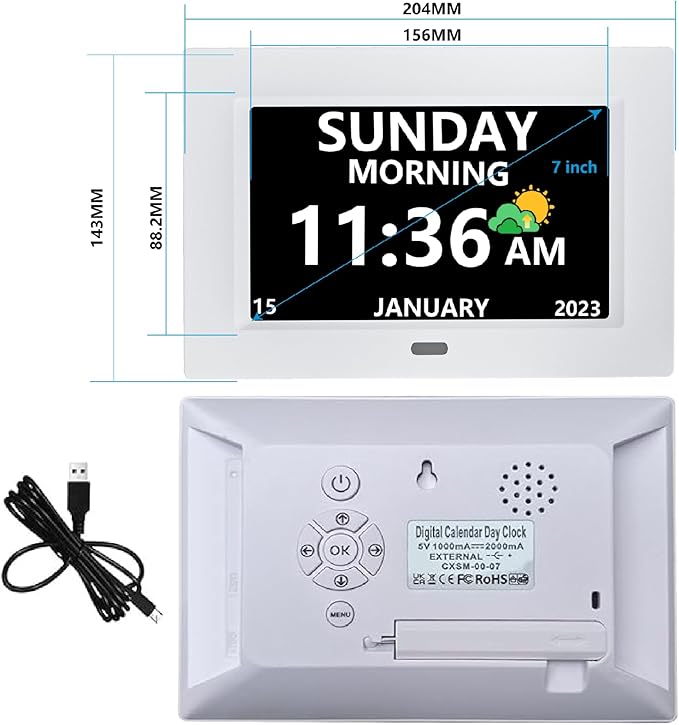LXBYJKJ 7 Inch Digital Clock with Day and Date for Elderly Alzheimer's Clock Customizable Alarms 3 Display Modes Large Font Alarm Clock for Seniors Auto DST White