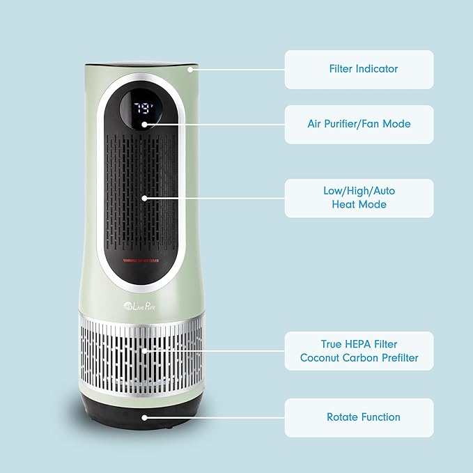LivePure 3-in-1 LP520 Clean Heat Air Purifier & Electric Heater – Oscillating Portable Heater with 2 Heat Modes and Air Filtration – Heater for Indoor Use in Bedrooms, Home Office & Apartments, Sage
