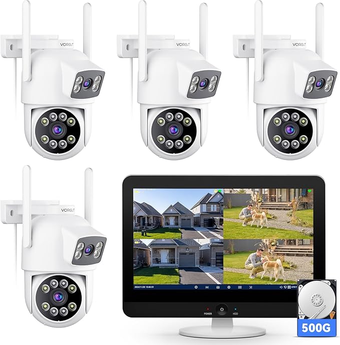 VORGUT Security Camera System Wireless Outdoor with 12" Monitor, 4pcs 2K Dual Lens Cameras for Home & Business Surveillance, 360° PTZ, 2.4G/5G WiFi, Human Detection, Auto Tracking, 16CH NVR, 500G HDD