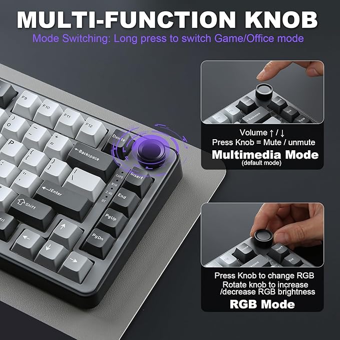 YUNZII B75 PRO Wireless Mechanical Keyboard,75% Layout with Knob,Hot Swap Gasket Custom Structure,Creamy Pre-lubed Switches,RGB Backlit,BT/Type-C/2.4G for Win/Mac(Cocoa Cream V2 Switch,Dark Grey)