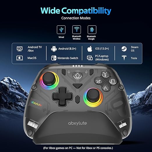 C8 PC Controller - Wireless Bluetooth Gamepad - Hall Effect Joystick RGB Backlit - 1000Hz Polling Rate -Dual Vibrate Macro Buttons for PC, Switch, Switch 2, Steam Deck, Android, iOS, MAC &Tesla Charging Dock