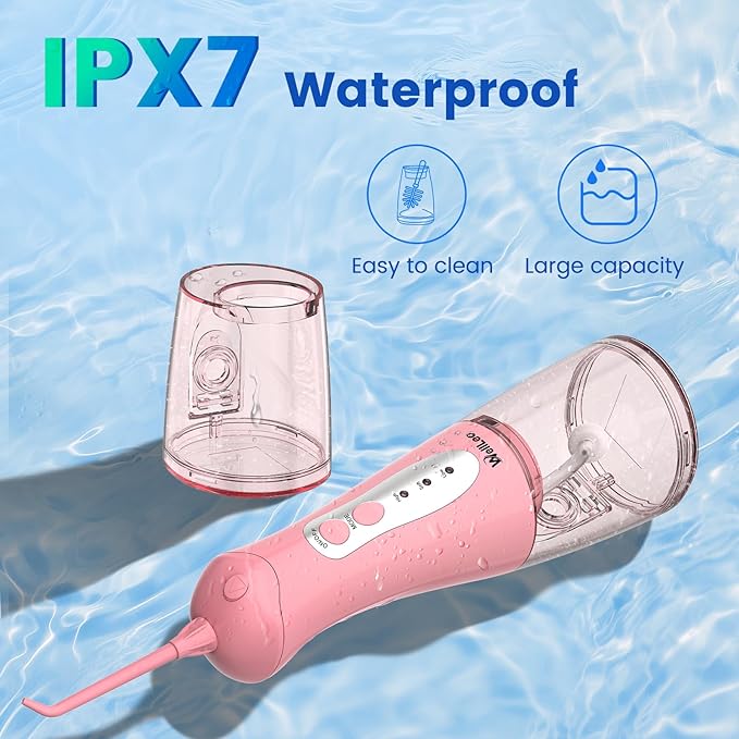 WellLeo Water Flosser for Teeth, Portable Oral Irrigator Rechargeable Water Dental Flosser Pick with High Pressure 5 Jet Tips, IPX7 Travel Water Flossing for Brace Teeth Cleaner Gum Care