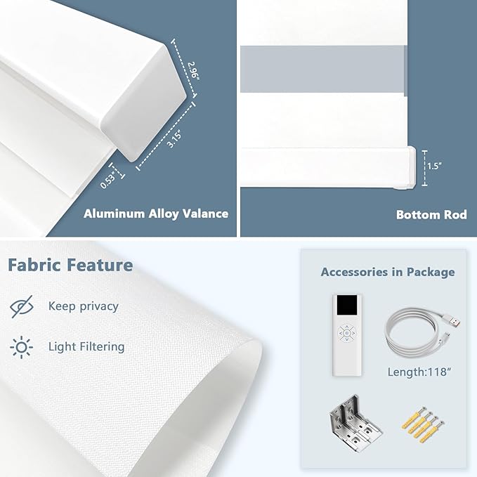 COOLWINDS Motorized Zebra Blinds for Windows Cordless Electric Curtains with Remote Control Blackout Shades Custom Smart Blinds Compatible with Alexa Google Home(Light Filtering White,W50 X 72in)