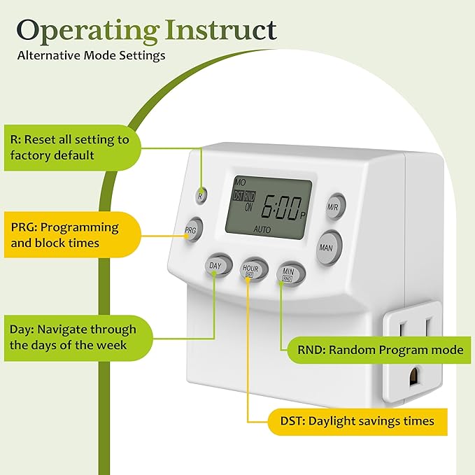 TG Heavy Duty Programmable Plug-in Digital Timer for Electrical Outlets, 7-Day Schedule, Random Mode, 120V 15A 1200W