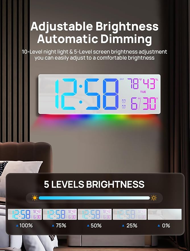 18.5" Large Digital Wall Clock with Remote Control, Big LED Display Digital Clocks with Night Light, Alarm, Countdown, DST, Temp, Date for Living Room, Bedroom, Office, Gift for Seniors(White)