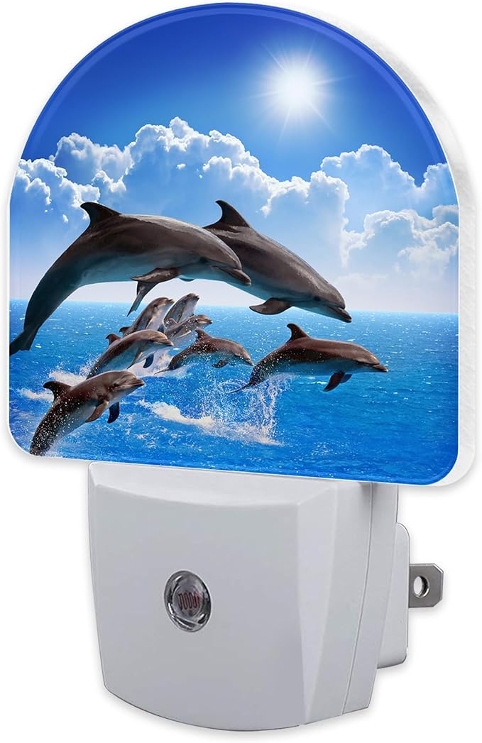 sndheke Jumping Dolphins Night Light Plug into Wall, Blue Sea and Bright Sky Dusk to Dawn Night Light Plug in,0.5w Energy Saving Sleep Friendly NightLight for Kids Boys Girls Home Decor