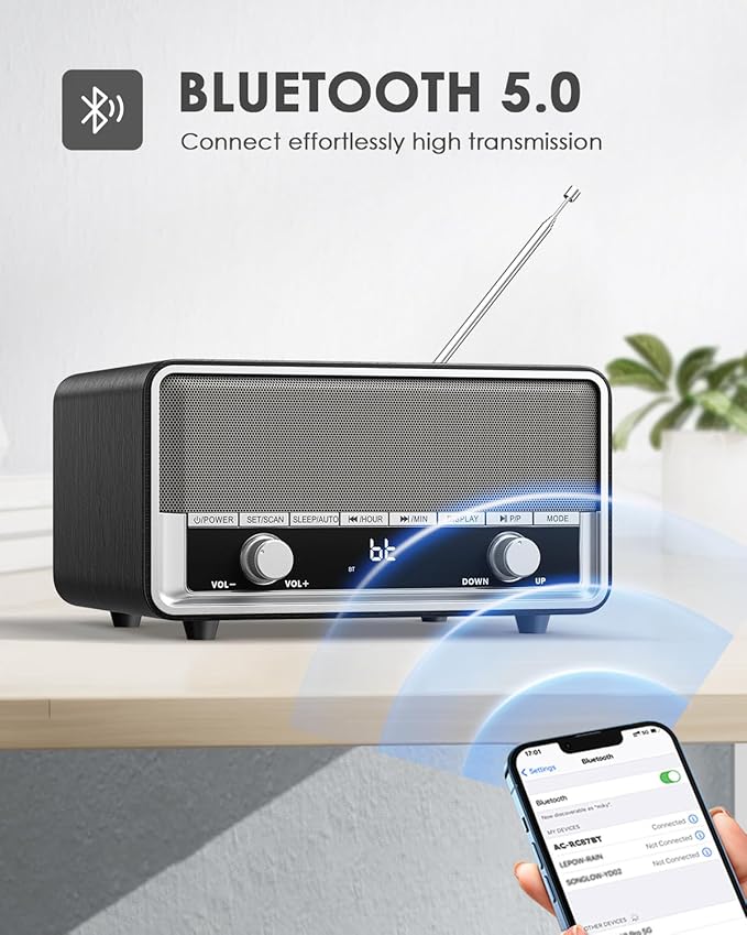 Vintage Wood AM FM Clock Radio with Bluetooth, Digital Clock Radio for Bedroom with LCD Display | 40 Presets | Sleep Timer | No Alarm, Retro Bluetooth Speaker for Office,Home, Kitchen (Black)