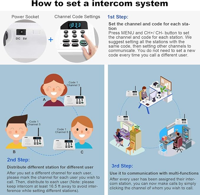 Wuloo Intercoms Wireless for Home 1 Mile Range 22 Channel 100 Digital Code Display Screen, Wireless Intercom System for Home House Business Office, Room to Room Intercom Communication(2Station, White)