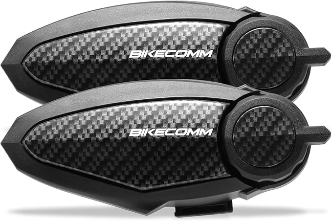 BIKECOMM BK-S2 Motorcycle Bluetooth Headset Intercom – 1200M Range Wireless Speakers - Helmet Communication System, IP67, Carbon, Twin Pack