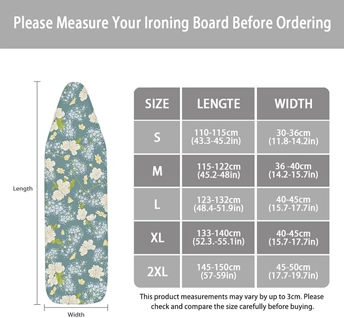 ZCFYGDX Fresh White Daisy Print Ironing Board Cover, Resist Scorching & Staining, Easy to Install Resistant Elastic Edges, 3 Nylon Buckle Straps Fasteners, Protective Scorch Cloth Covers Size-L