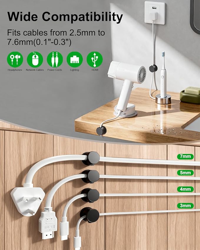 OneLeaf 8 Pack 360° Rotatable Strong Magnetic Cable Clips Cord Holder for Nightstand, 1s Lock Phone Charger Holder, Adhesive Magnetic Cord Clips for Home/Office/Car/Game Station, Smooth Adjustable