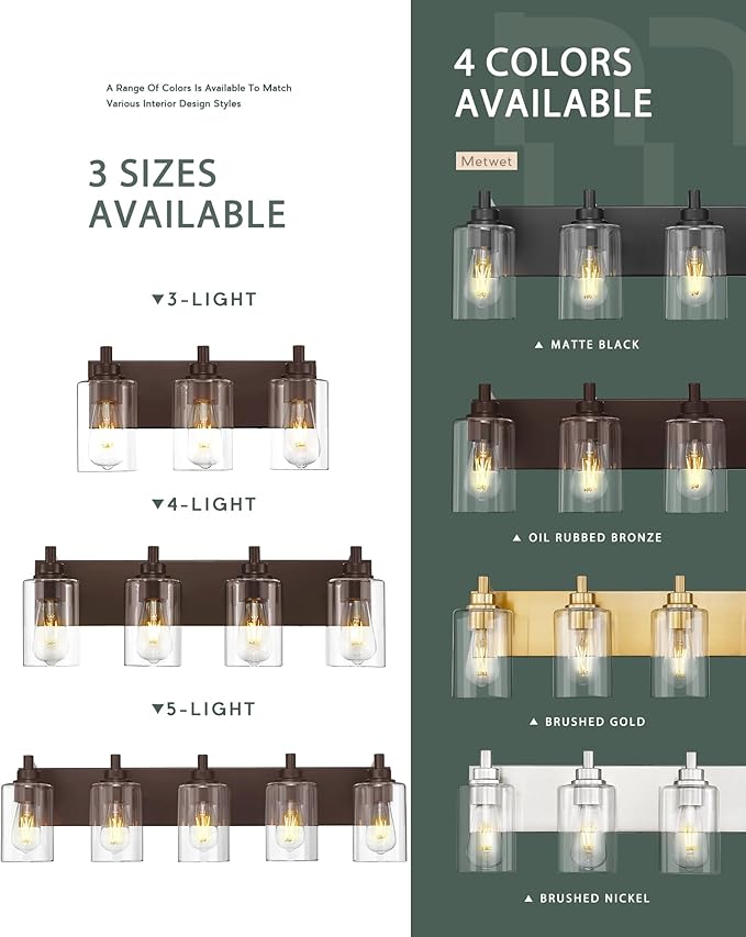 METWET 3-Light Bathroom Light Fixtures, Modern Vanity Light with Cylinder Clear Glass Shade, Vanity Lighting Fixtures Over Mirror, Oil Rubbed Bronze, VL143-ORB-3